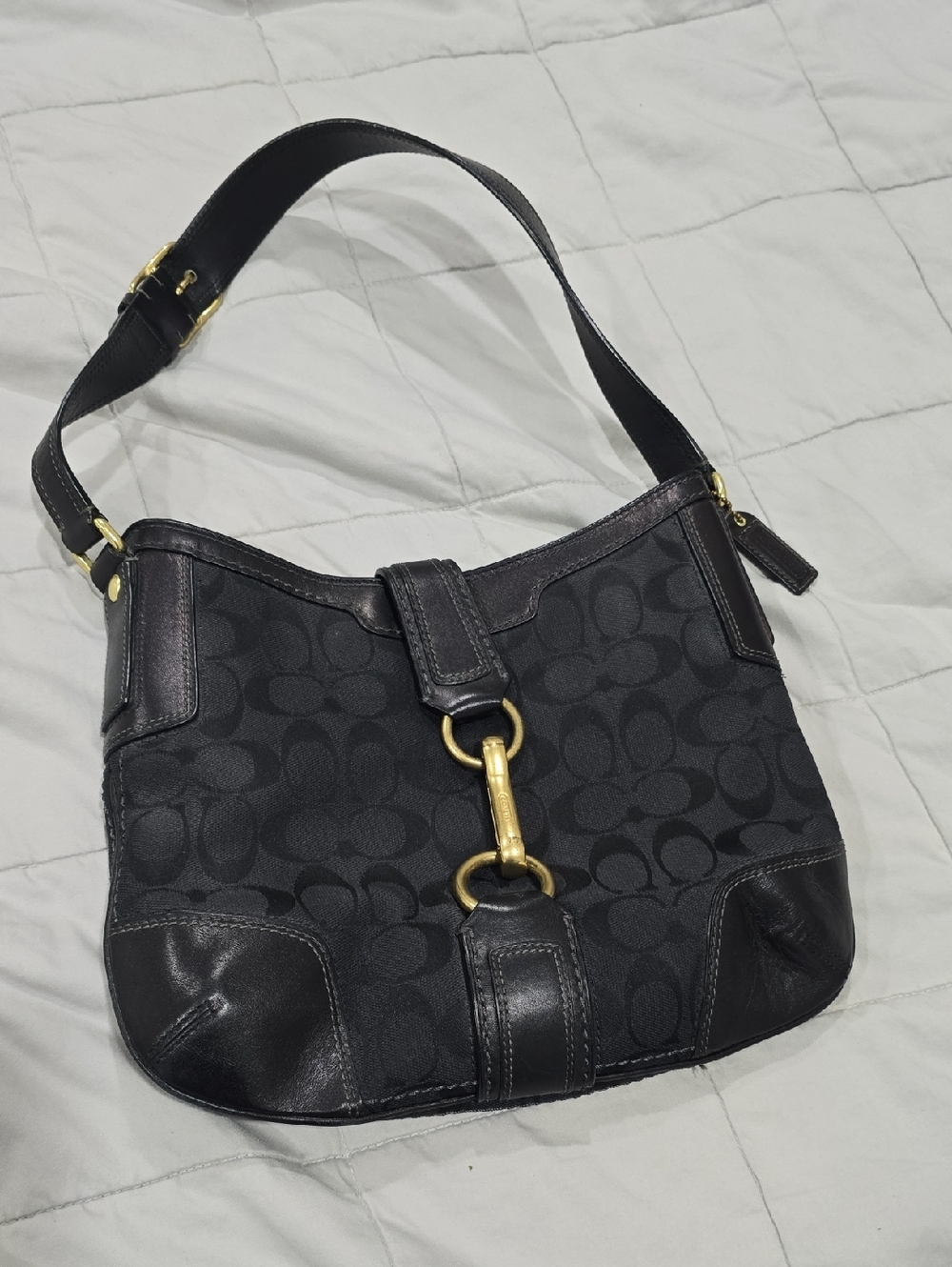 Coach Black Signature Canvas Shoulder Bag with Gold Hardware